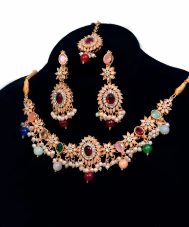 Luxury Gold Plated Kundan Jewellery Set for Women – Bridal Party Wear Necklace Set with Earrings & Tikka